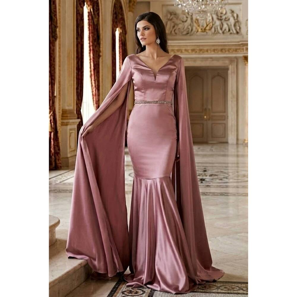 NEW ROYAL QUEEN v-neck cape sleeve mermaid formal evening dress in mauve